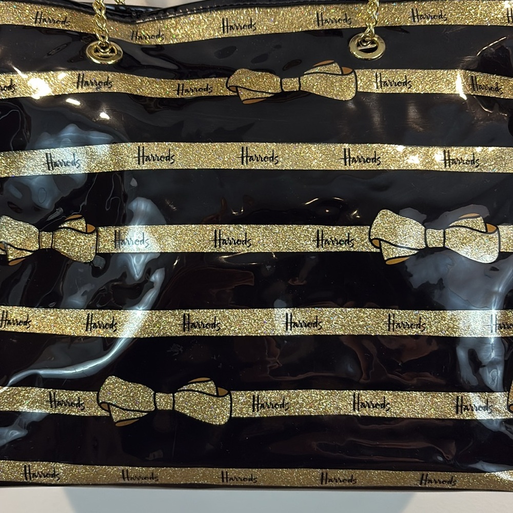 Harrods Black Patent Leather Gold Glitter Bow Large Tote - Picture 4 of 13
